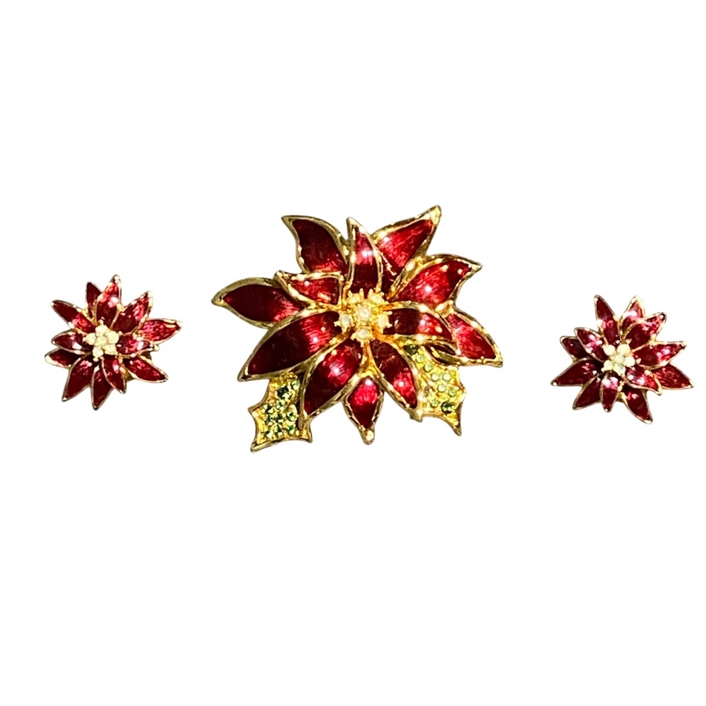 Nolan Miller Signed VTG Red‎ Enamel Poinsettia Brooch and Clip-On Earrings Set